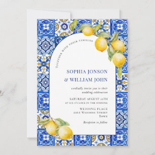 Mediterranean Lemons Blue Tiles Wedding Photo Invitation