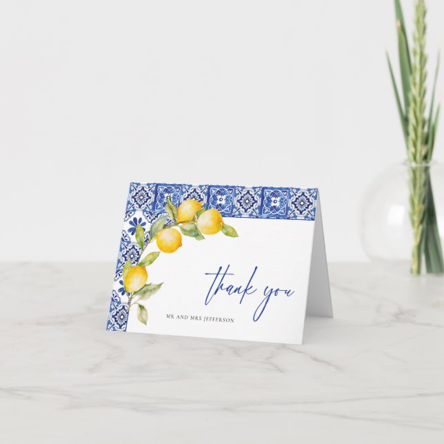 Mediterranean Lemons Blue Tiles Wedding Thank You Card (Front)