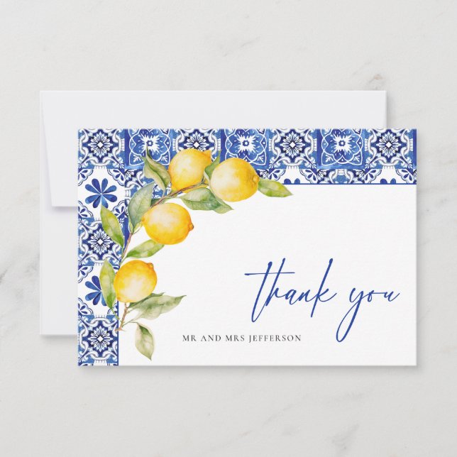 Mediterranean Lemons Blue Tiles Wedding Thank You Card (Front)
