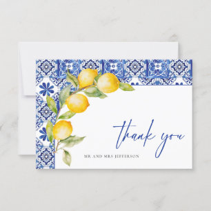 Mediterranean Lemons Blue Tiles Wedding Thank You Card