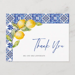 Mediterranean Lemons Blue Tiles Wedding Thank You Postcard