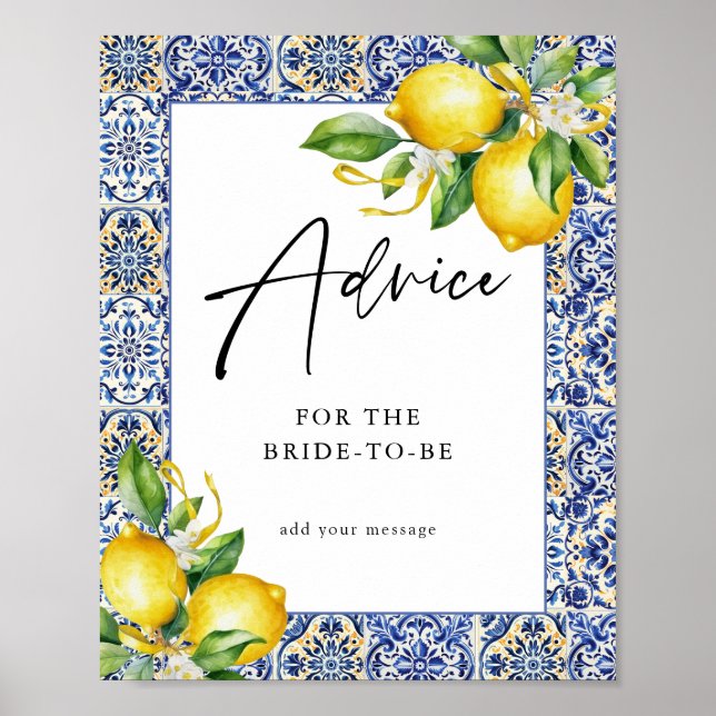 Mediterranean Lemons Bridal Shower Advice Sign (Front)