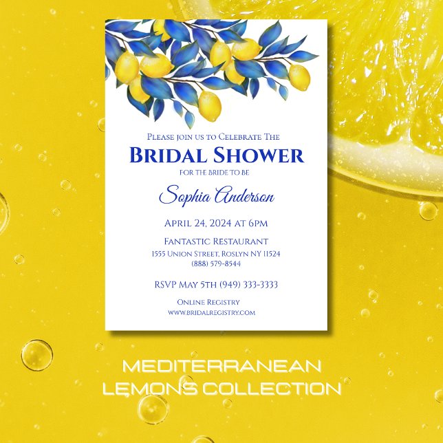 Mediterranean-Lemons- Bridal Shower- Invitation (Mediterranean Lemons Collection-Bridal Shower-Italy-Yellow and Blue- Citrus)