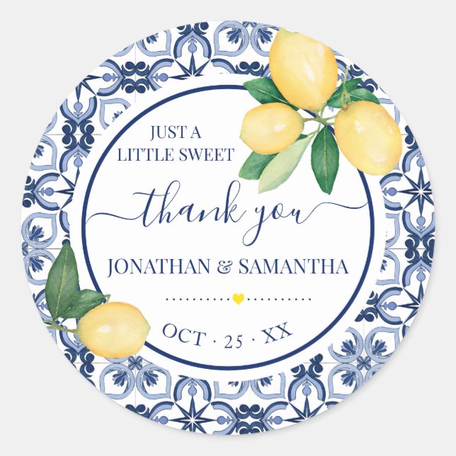 Mediterranean Lemons Bridal Shower Thank You Classic Round Sticker (Front)