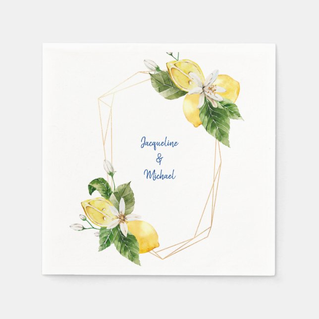 Mediterranean Lemons & Cobalt Blue Text Cocktail  Napkin (Front)