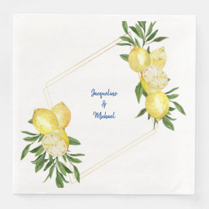 Mediterranean Lemons & Cobalt Blue Text Dinner Napkin