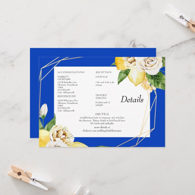 Mediterranean Lemons Floral Wedding Details Blue Invitation (Front/Back In Situ)