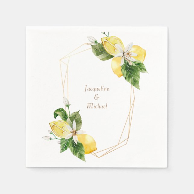 Mediterranean Lemons Gold Frame Cocktail Napkins (Front)