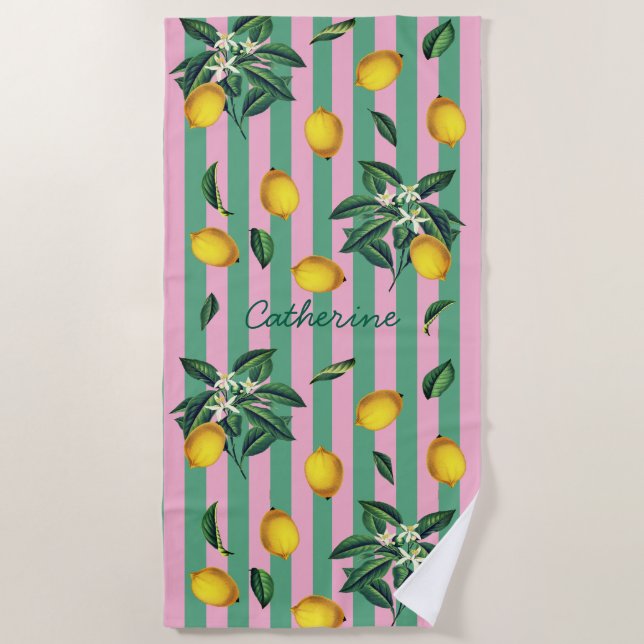 Mediterranean Lemons Pink Green Stripes Name Beach Towel (Front)