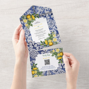 Mediterranean Lemons Portuguese Tiles Wedding All In One Invitation