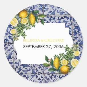 Mediterranean Lemons Portuguese Tiles Wedding  Classic Round Sticker