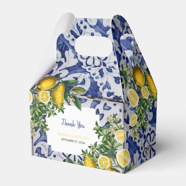 Mediterranean Lemons Portuguese Tiles Wedding  Favour Box (Front Side)
