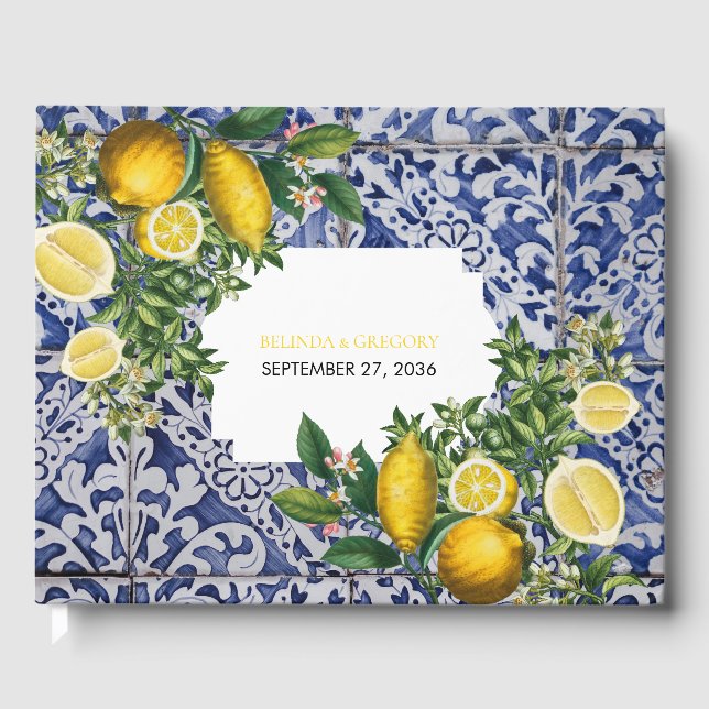 Mediterranean Lemons Portuguese Tiles Wedding  Guest Book (Front)