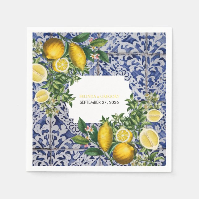 Mediterranean Lemons Portuguese Tiles Wedding   Napkin (Front)