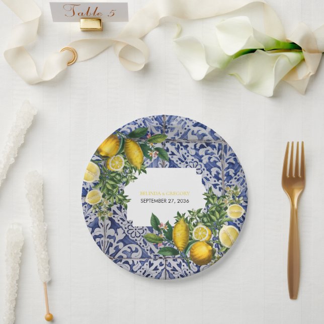 Mediterranean Lemons Portuguese Tiles Wedding  Paper Plate (Wedding)