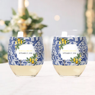 Mediterranean Lemons Portuguese Tiles Wedding Stemless Wine Glass