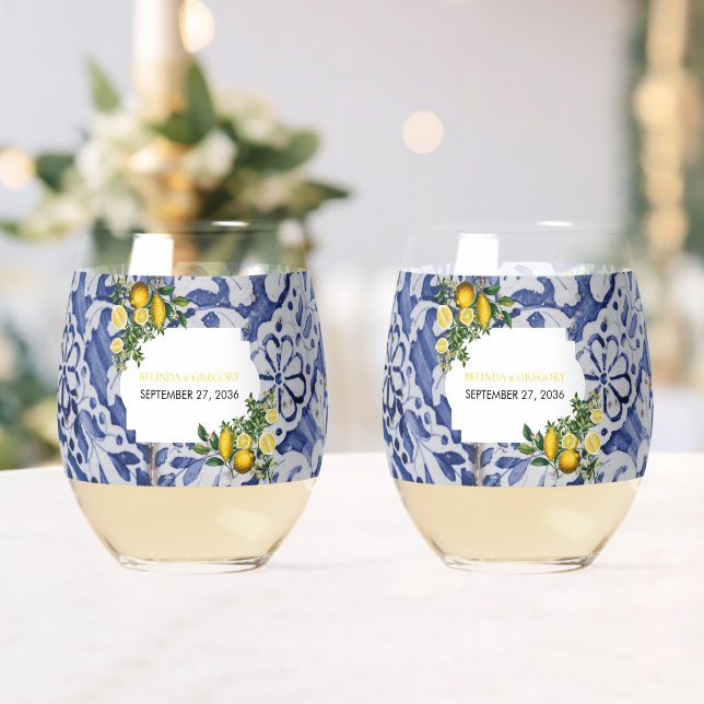 Mediterranean Lemons Portuguese Tiles Wedding  Stemless Wine Glass (Insitu (Wedding))