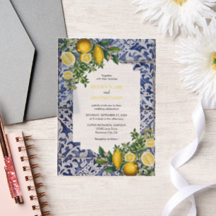 Mediterranean Lemons Portuguese Tiles Wedding Vellum Invitations