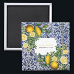 Mediterranean Lemons Portuguese Wedding Favour Magnet<br><div class="desc">Hand painted traditional tiles from Portugal design with Mediterranean lemons. Azulejo blue and white floral leaf tile artwork. A beautiful Mediterranean design depicting yellow lemons with their greenery and blossoms against a blue and white vintage Portuguese pattern. The wedding text is elegantly framed with a white geometric shape. Unique Azulejo...</div>