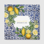 Mediterranean Lemons Portuguese Wedding Favour Magnet<br><div class="desc">Hand painted traditional tiles from Portugal design with Mediterranean lemons. Azulejo blue and white floral leaf tile artwork. A beautiful Mediterranean design depicting yellow lemons with their greenery and blossoms against a blue and white vintage Portuguese pattern. The wedding text is elegantly framed with a white geometric shape. Unique Azulejo...</div>