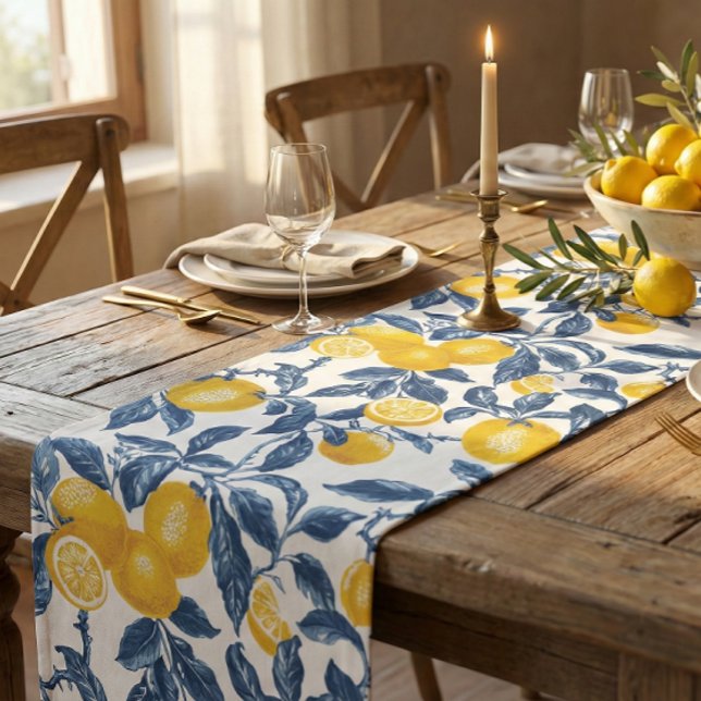 Mediterranean Lemons Seamless Pattern Medium Table Runner (Mediterranean lemon botanical pattern table runner)