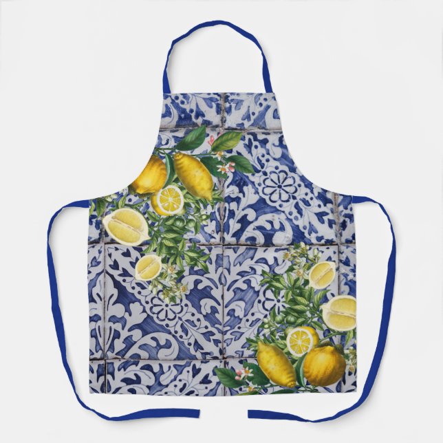 Mediterranean Lemons Summer Portuguese Tiles Apron (Front)