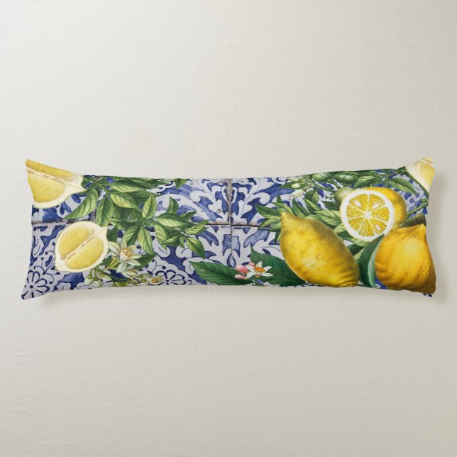 Mediterranean Lemons Summer Portuguese Tiles Body Cushion (Front)