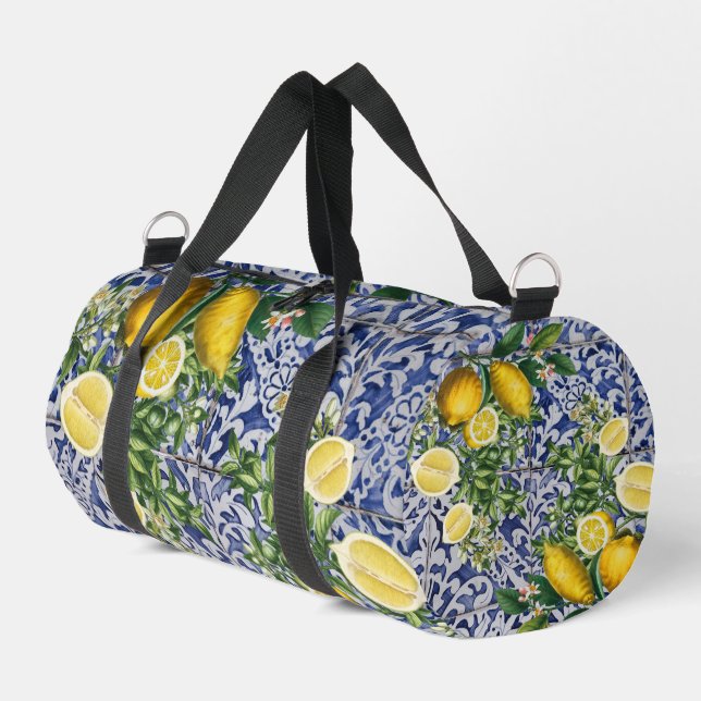 Mediterranean Lemons Summer Portuguese Tiles Duffle Bag (Left Corner)