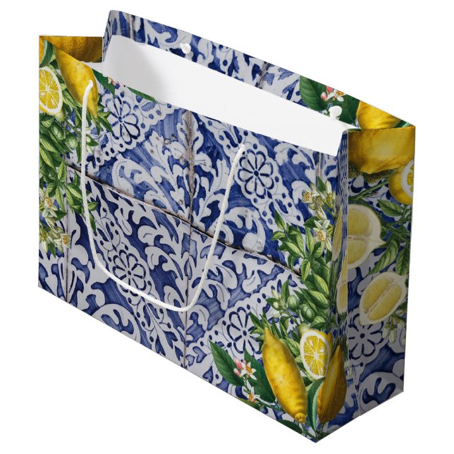 Mediterranean Lemons Summer Portuguese Tiles   Large Gift Bag (Front Angled)
