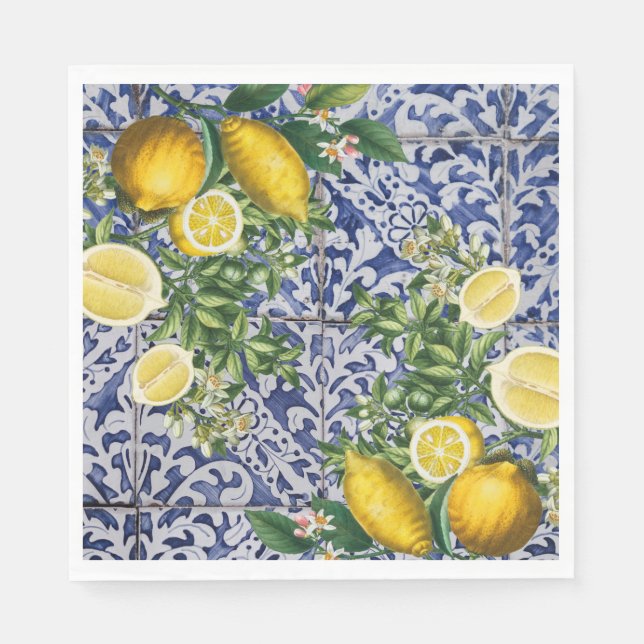 Mediterranean Lemons Summer Portuguese Tiles Napkin (Front)