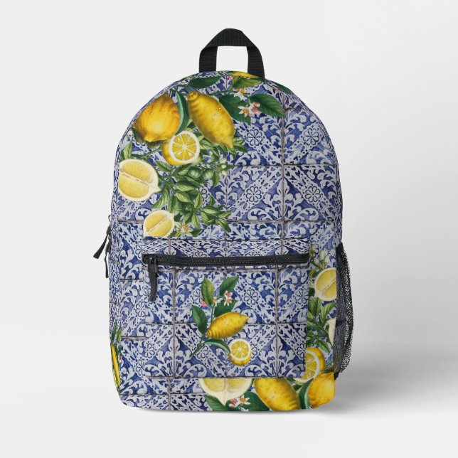 Mediterranean Lemons Summer Portuguese Tiles Printed Backpack (Front)