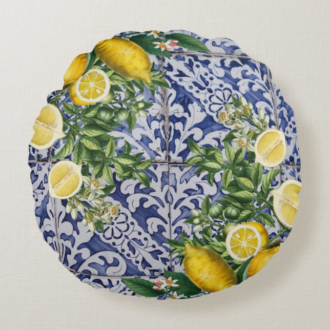 Mediterranean Lemons Summer Portuguese Tiles  Round Cushion (Front)