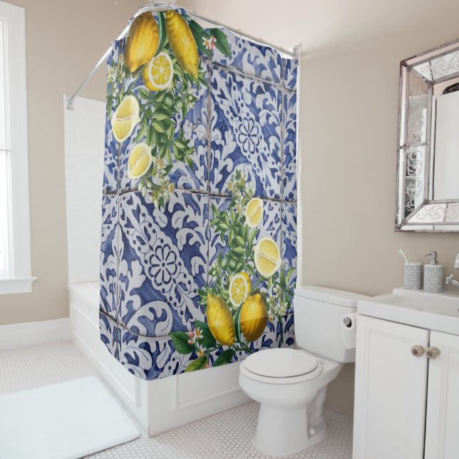 Mediterranean Lemons Summer Portuguese Tiles Shower Curtain (In Situ)