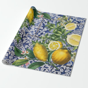 Mediterranean Lemons Summer Portuguese Tiles Wrapping Paper