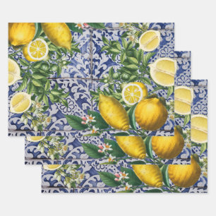 Mediterranean Lemons Summer Portuguese Tiles Wrapping Paper Sheet