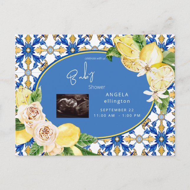 Mediterranean Lemons Ultrasound Blue Baby Shower Invitation Postcard (Front)