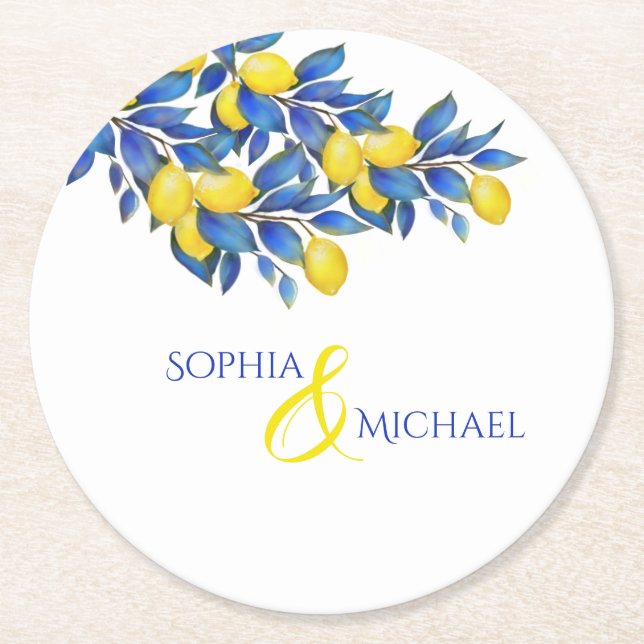 Mediterranean-Lemons-Wedding Paper Coaster (Front)