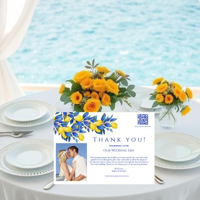 Mediterranean-Lemons-Wedding Photo-Thank You- Invitation (Mediterranean Lemons Collection-Thank You-Amalfi Italy, Yellow and Blue, Citrus)
