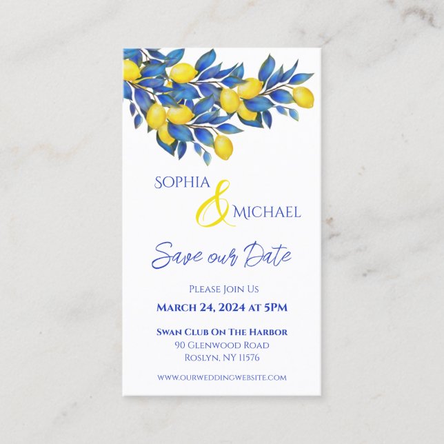 Mediterranean- Lemons- Wedding-Save the Date- Business Card (Front)