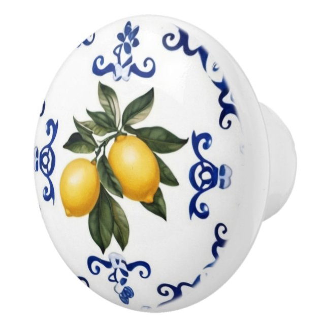 Mediterranean Lemons with Blue and White Border Ceramic Knob (Right)