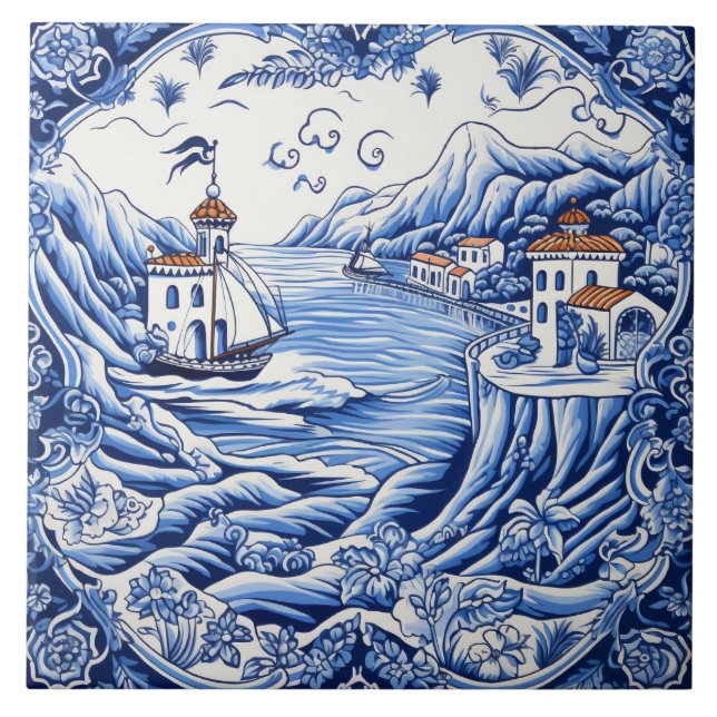 Mediterranean lovers blue white  tile (Front)