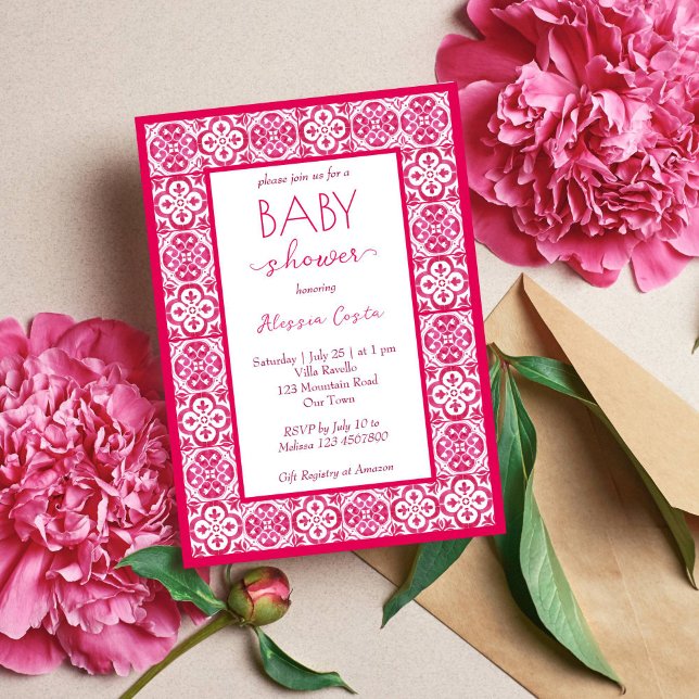 Mediterranean Majolica magenta tiles baby shower Invitation (Creator Uploaded)