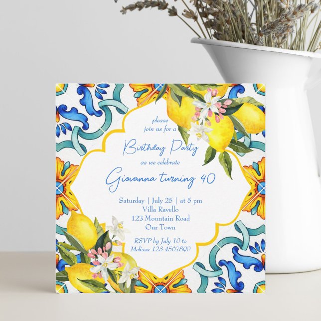 Mediterranean Majolica tiles lemons birthday party Invitation (Creator Uploaded)