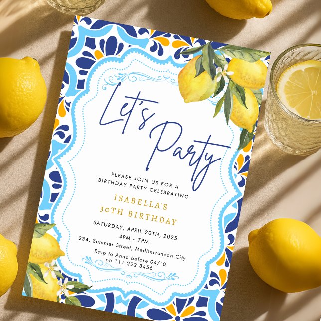 Mediterranean Majolica tiles Lemons Birthday Party Invitation (Mediterranean Majolica Tiles Lemons Birthday Party Invitation)