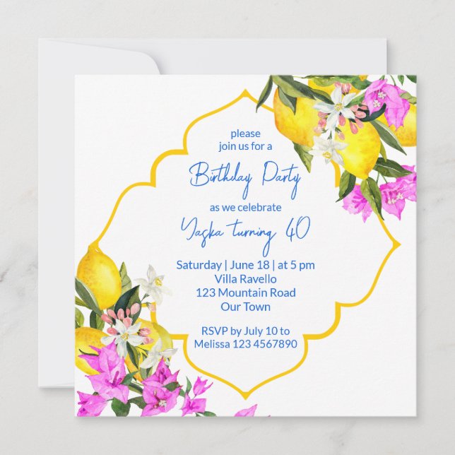 Mediterranean Majolica tiles lemons birthday party Invitation (Front)