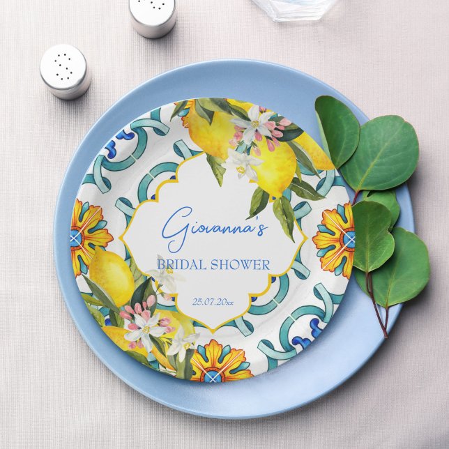 Mediterranean Majolica tiles lemons bridal shower Paper Plate (Mediterranean Majolica blue tiles lemons bridal shower personalized printed Paper Plates table decor)