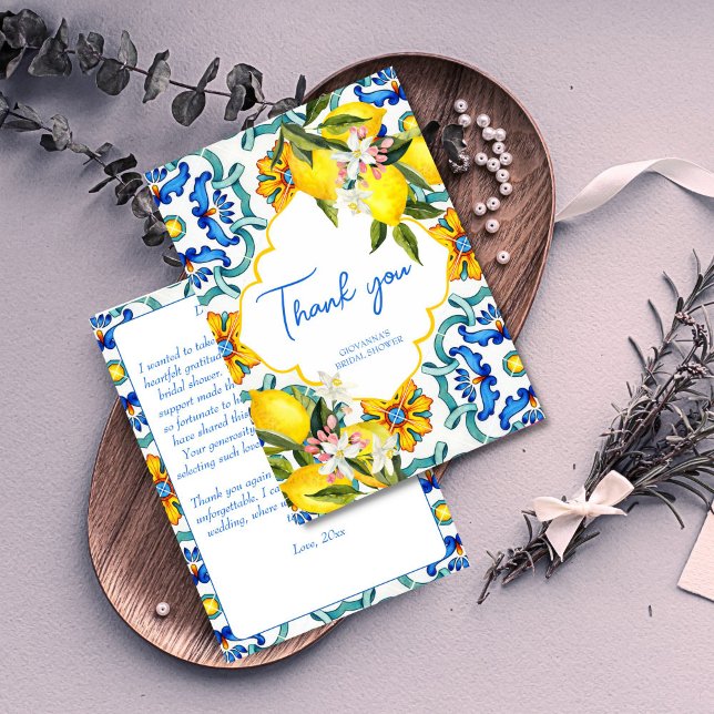 Mediterranean Majolica tiles lemons bridal shower Thank You Card (Mediterranean Majolica Italian blue tiles lemons bridal shower Thank You Card Sicilian bridal shower)