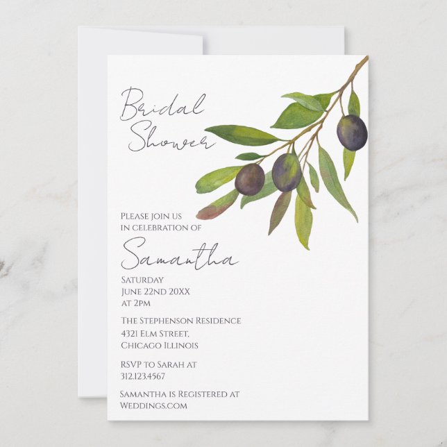 Mediterranean Minimal Olive Branch Bridal Shower   Invitation (Front)