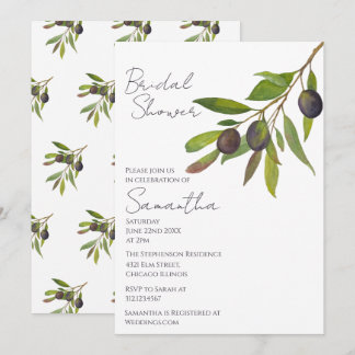Mediterranean Minimal Olive Branch Bridal Shower   Invitation