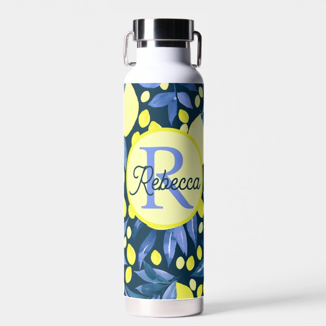 Mediterranean Monogram Name Chic Lemons Blue Leaf Water Bottle (Front)